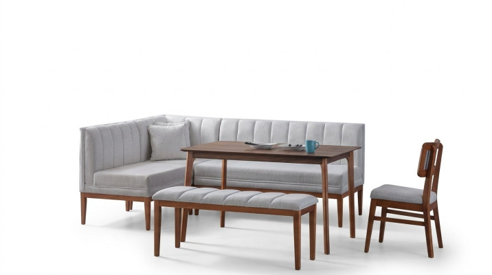 Blanco y marrón conjunto de comedor - Mesa de madera elegante y banco de esquina tapizado, nuevo.