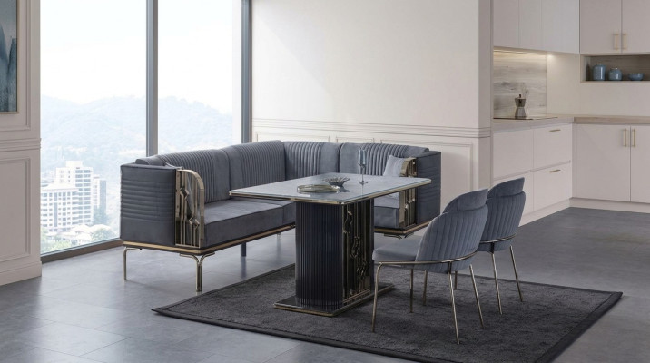 Conjunto exclusivo de comedor gris, mesa de acero inoxidable de lujo, 2 sillas textiles.