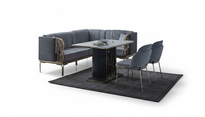 Conjunto exclusivo de comedor gris, mesa de acero inoxidable de lujo, 2 sillas textiles.