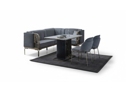 Conjunto exclusivo de comedor gris, mesa de acero inoxidable de lujo, 2 sillas textiles.