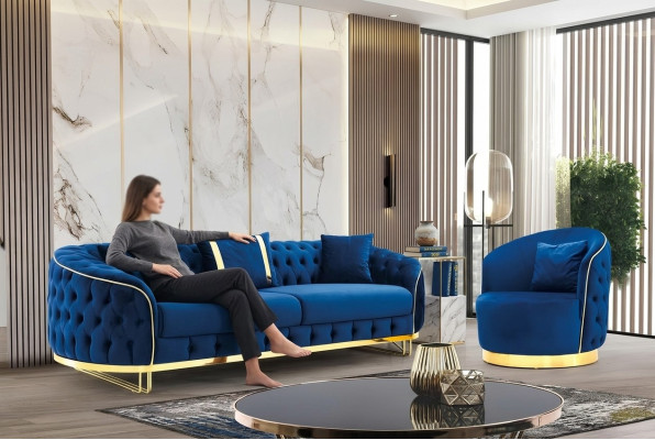 Conjunto de sala de estar de color azul diseñador de 3 plazas y sillón de 2 piezas.
