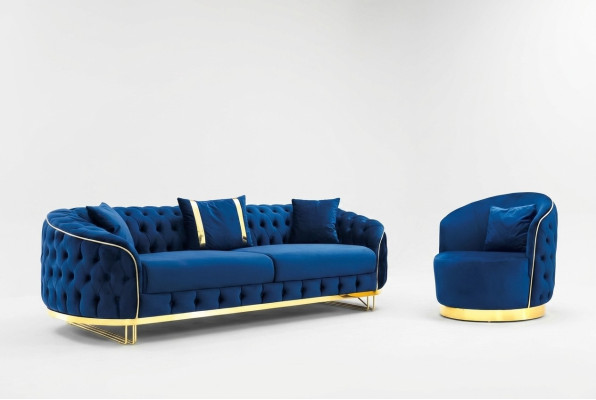 Conjunto de sala de estar de color azul diseñador de 3 plazas y sillón de 2 piezas.