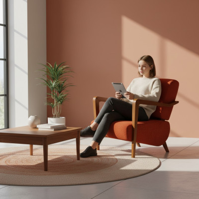 Moderno sillón rojo tapizado de una plaza para sala de estar, mueble de diseño.