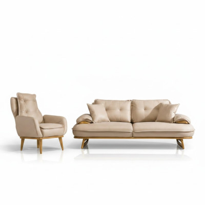 Sofá moderno de diseñador de lujo de 3 plazas con 3 cojines y 1 sillón amplio de tapizado acolchado.