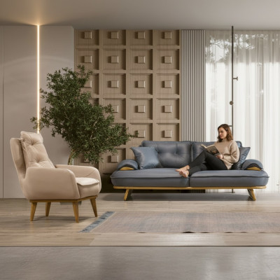 Elegante juego de sofás gris-beige de diseñador de 3 plazas lujoso de 1 plaza.