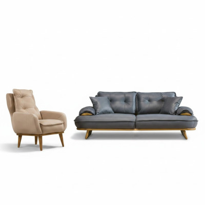 Elegante juego de sofás gris-beige de diseñador de 3 plazas lujoso de 1 plaza.