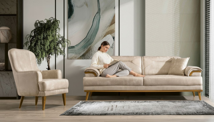 Sofá de sala de estar beige conjunto de diseñador, conjunto de sofás tapizados de 3+1 plazas.