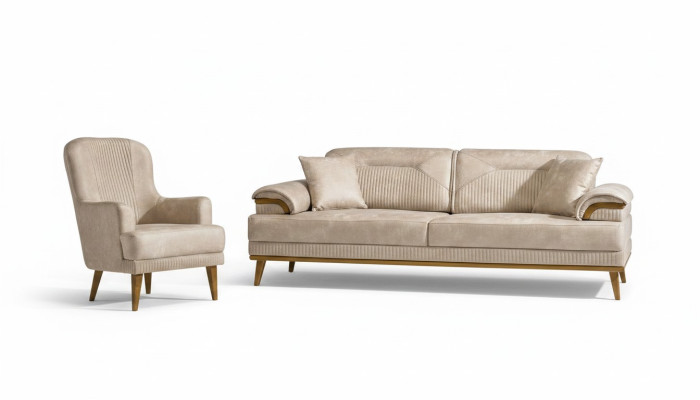 Sofá de sala de estar beige conjunto de diseñador, conjunto de sofás tapizados de 3+1 plazas.