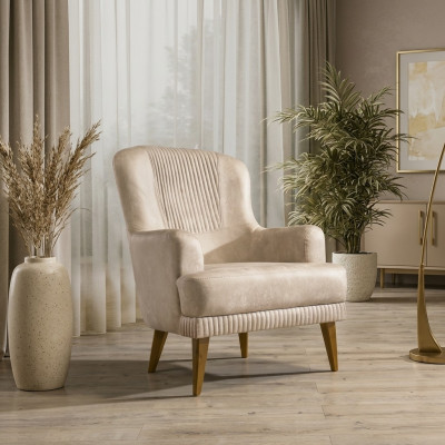 Sillón de diseño beige de una plaza para sala de estar, asiento tapizado con estilo.