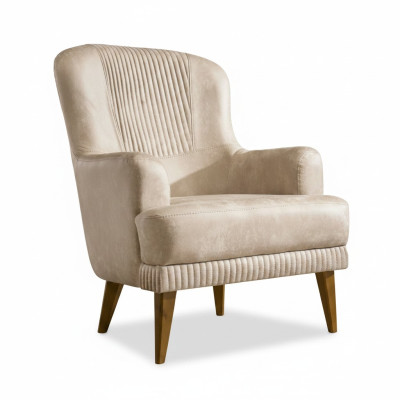 Sillón de diseño beige de una plaza para sala de estar, asiento tapizado con estilo.