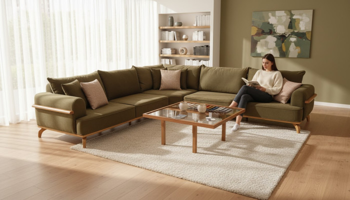 Sofá de esquina marrón de lujo, sofá en forma de L para la sala de estar, muebles tapizados de diseñador.