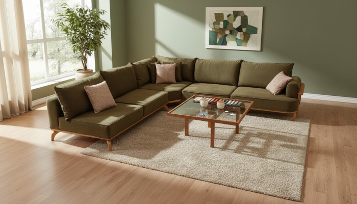 Sofá de esquina marrón de lujo, sofá en forma de L para la sala de estar, muebles tapizados de diseñador.