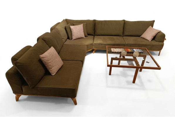 Sofá de esquina marrón de lujo, sofá en forma de L para la sala de estar, muebles tapizados de diseñador.