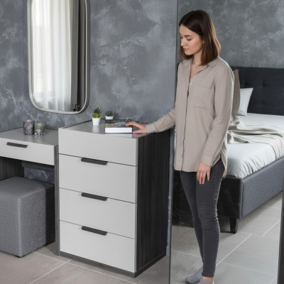 Cómoda de dormitorio de diseño de madera de lujo gris y blanco con 4 cajones.