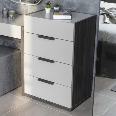 Cómoda de dormitorio de diseño de madera de lujo gris y blanco con 4 cajones.