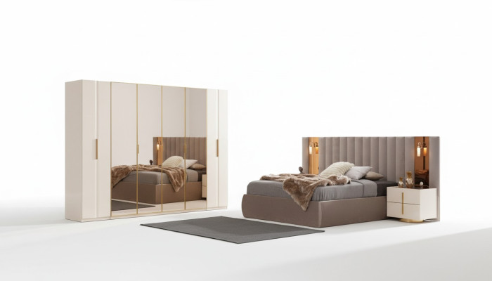 Juego de dormitorio beige con cama de diseñador, armario, y 2 mesitas de noche.