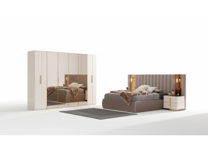 Juego de dormitorio beige con cama de diseñador, armario, y 2 mesitas de noche.