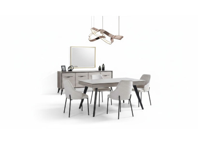 Muebles de comedor de madera modernos y lujosos, vitrina con espejo, mesa de comedor y 6 sillas.