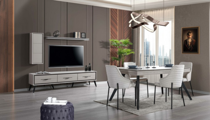 Moderno conjunto de comedor blanco aparador bajo 6x sillas mesa de comedor estantería 10 piezas.