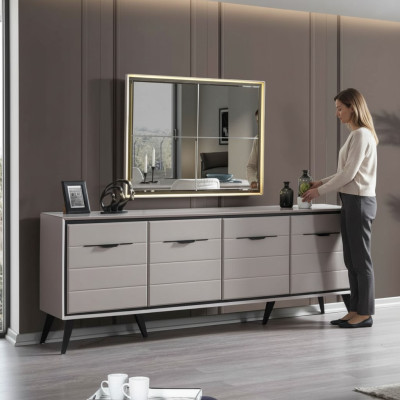 Cómoda de comedor de lujo de diseñador de 4 puertas blancas con espejo de cristal.