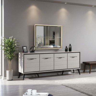 Cómoda de comedor de lujo de diseñador de 4 puertas blancas con espejo de cristal.