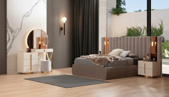 A juego de dormitorio elegante con tocador de diseñador de madera y 2 mesitas de noche.