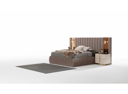 A juego de dormitorio elegante con tocador de diseñador de madera y 2 mesitas de noche.