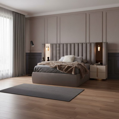 Juego de dormitorio marrón con cama doble de diseñador, 2 mesitas de noche blancas, 3 piezas.