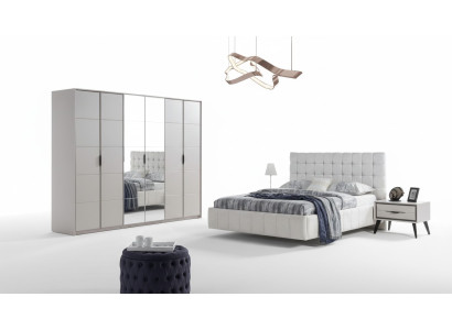 Conjunto de dormitorio blanco de lujo Muebles tapizados Cama de madera Armario
