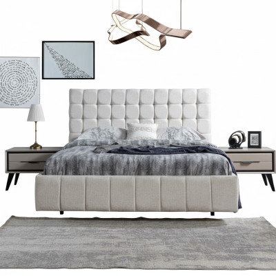 Conjunto exclusivo de dormitorio: cama doble blanca de lujo con 2 mesitas de noche de madera.