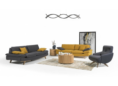 Muebles de sala de estar de lujo gris-amarillo 2 sofás de 3 plazas, 1 sillón de 3 piezas.