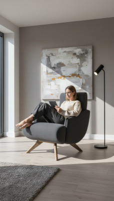 Silla de salón gris, diseño de una sola plaza, sillón tapizado, muebles de sala de estar