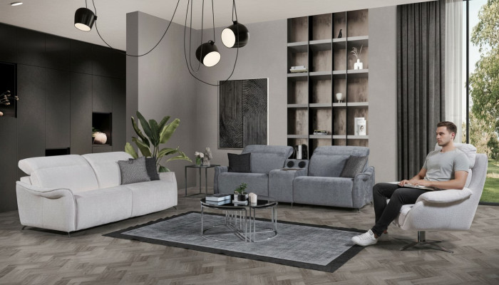 Juego de sala de estar de lujo con 2 sofás de 3 plazas con sistema de música y sillón.