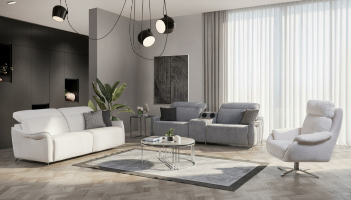 Juego de sala de estar de lujo con 2 sofás de 3 plazas con sistema de música y sillón.