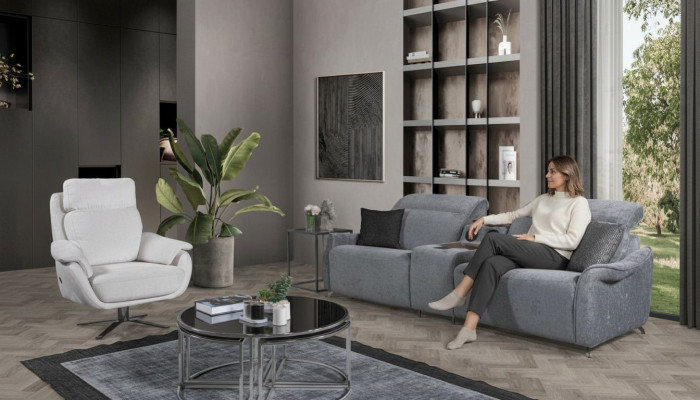 Conjunto de sofás modernos para la sala de estar: sofá de 3 plazas y sofás individuales tapizados.