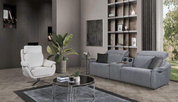 Conjunto de sofás modernos para la sala de estar: sofá de 3 plazas y sofás individuales tapizados.