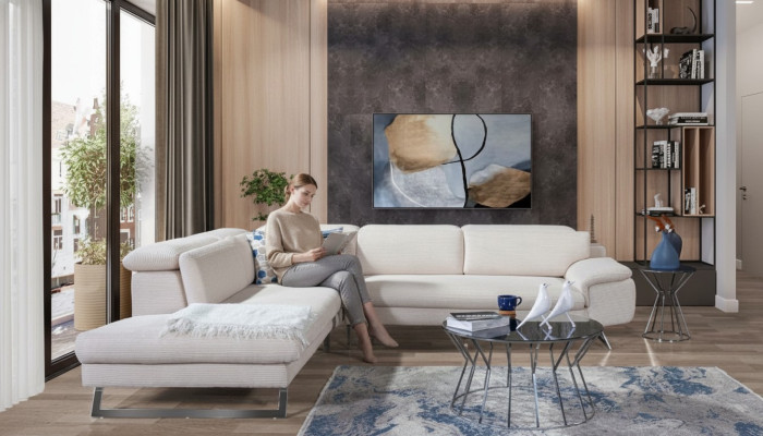 Sofá esquinero blanco en forma de L, sofás sala de estar, paisajes modernos de salón.