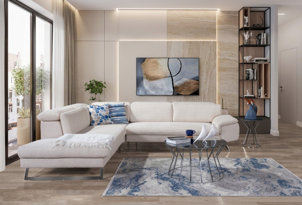 Sofá esquinero blanco en forma de L, sofás sala de estar, paisajes modernos de salón.