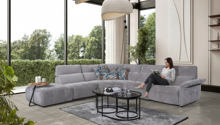 Elegante sofá de esquina gris en forma de L para sala de estar, sofá de diseñador de lujo.