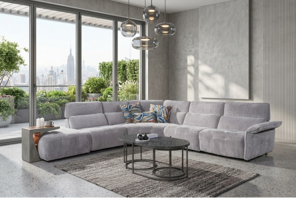 Elegante sofá de esquina gris en forma de L para sala de estar, sofá de diseñador de lujo.