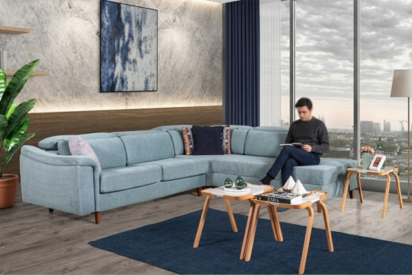 Sofá esquinero azul en forma de L para sala de estar con cojines y armazón de madera de diseñador