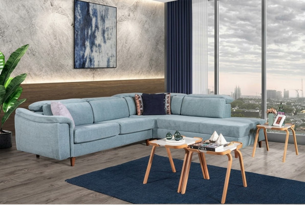 Sofá esquinero azul en forma de L para sala de estar con cojines y armazón de madera de diseñador