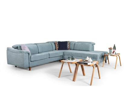 Sofá esquinero azul en forma de L para sala de estar con cojines y armazón de madera de diseñador