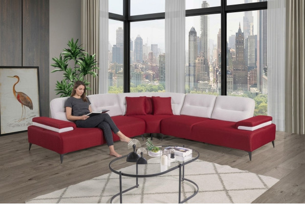 Sofá de esquina elegante rojo en forma de L, diseño de salón de madera eleganteguarda.