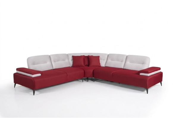 Sofá de esquina elegante rojo en forma de L, diseño de salón de madera eleganteguarda.