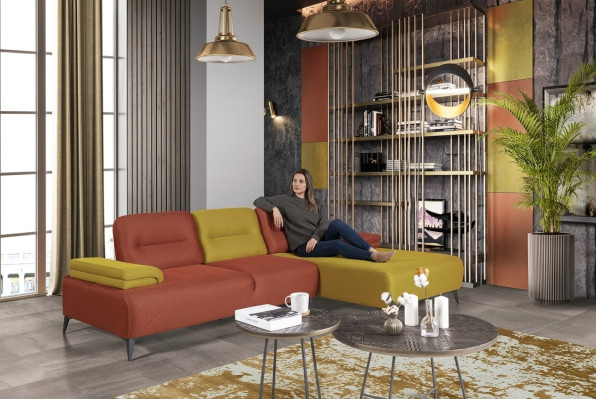 Sofá de esquina en forma de L bicolor, sofá de salón de diseñador, sofá moderno.