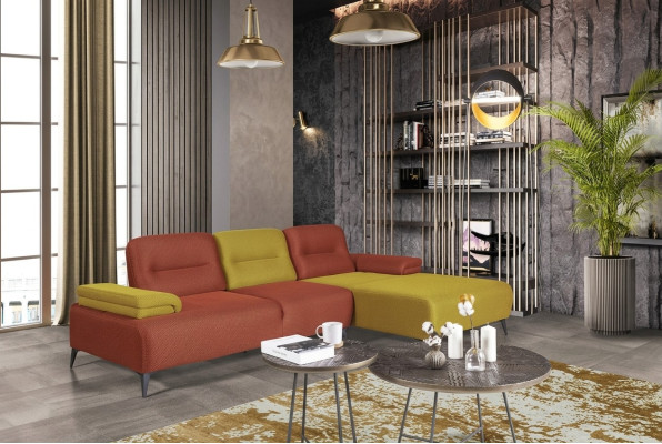 Sofá de esquina en forma de L bicolor, sofá de salón de diseñador, sofá moderno.