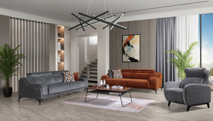 Muebles de asiento exclusivos para la sala de estar en gris y naranja, un sofá de lujo de 3 plazas y un sillón.