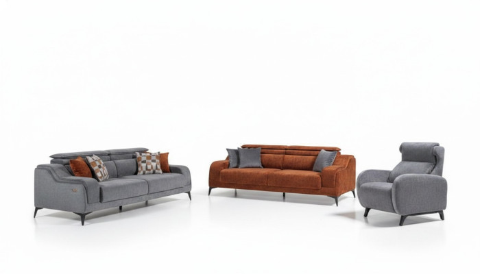Muebles de asiento exclusivos para la sala de estar en gris y naranja, un sofá de lujo de 3 plazas y un sillón.