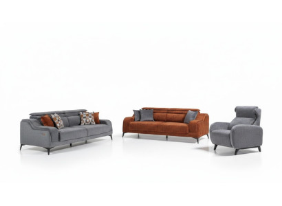 Muebles de asiento exclusivos para la sala de estar en gris y naranja, un sofá de lujo de 3 plazas y un sillón.